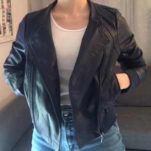 Navy Blue Faux Leather Jacket